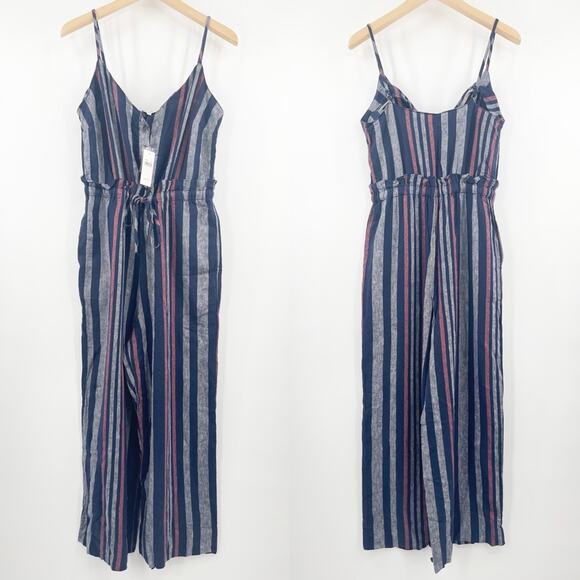 SPLENDID Crosshatch Jumpsuit Striped Tie Waist Stripes Navy Linen NWT SZ Small - Picture 2 of 16